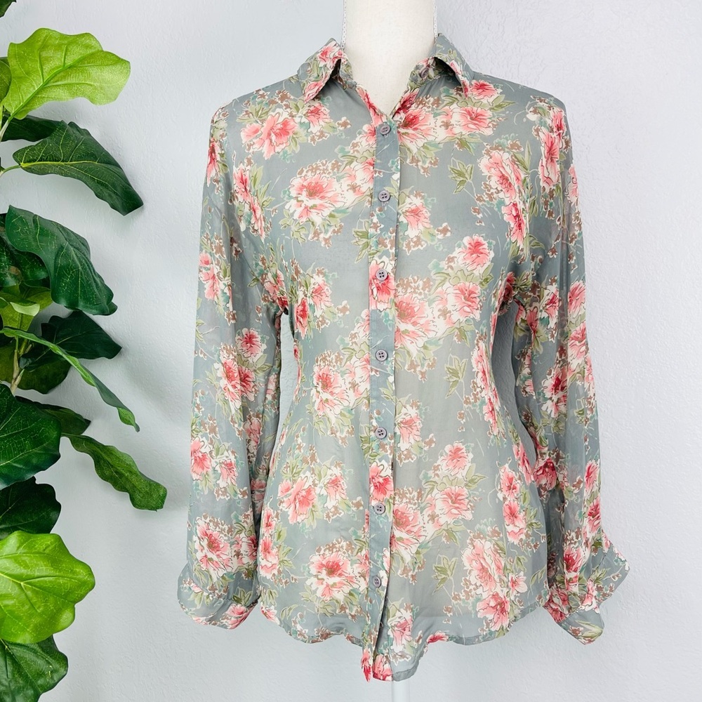 Pleione Chiffon Floral Grey Pink Long Sleeve Sheer Button Down Blouse